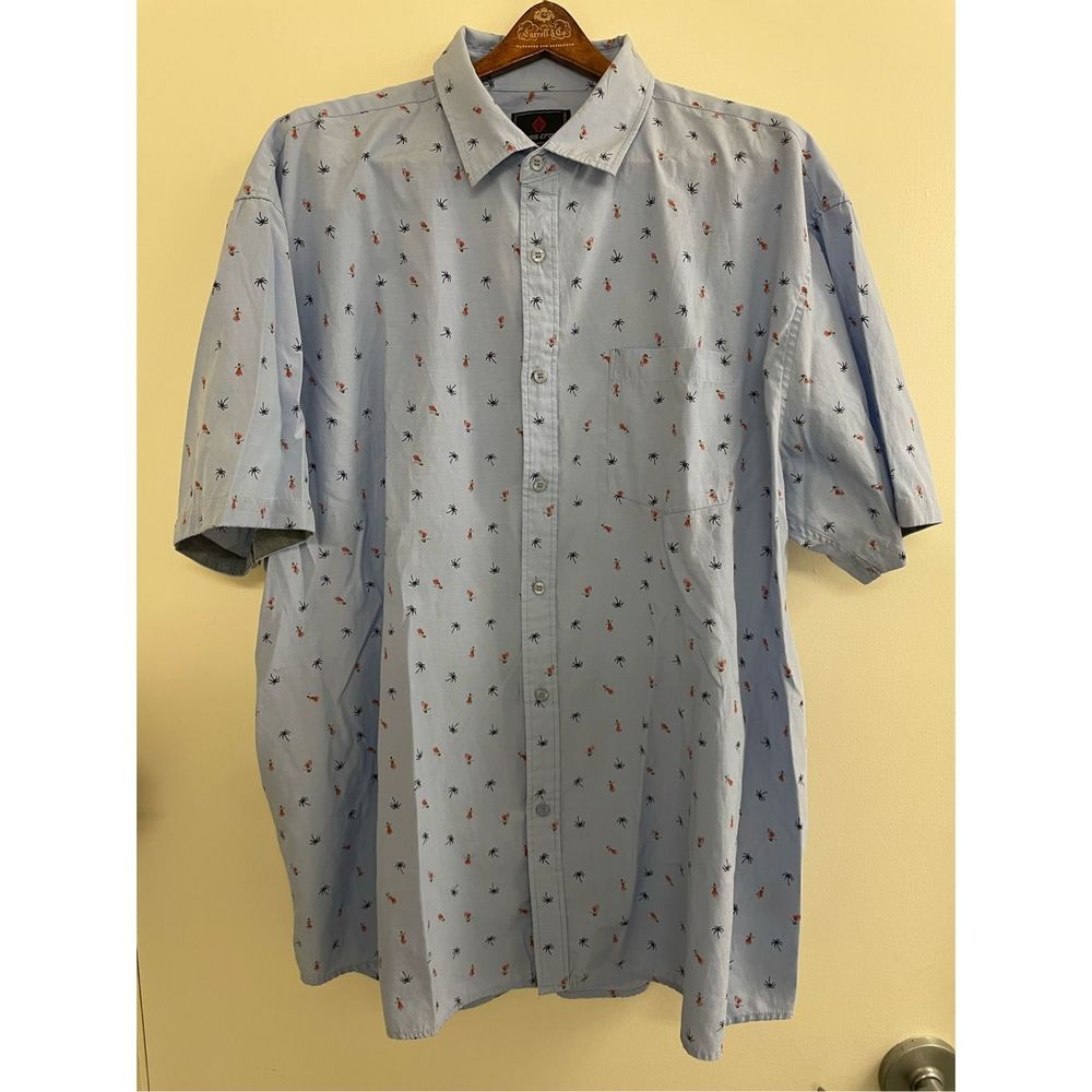 Mens 3XL Hawaiian Button Shirt- Swiss Cross -Blue/Red Hula Girl Palm Trees